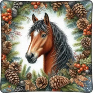 Подушка "Новогодний венок с лошадкой"